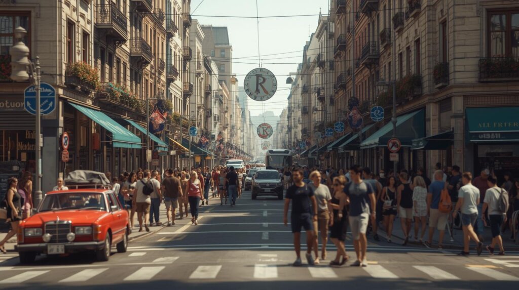 Cars etc on be realistic pretty streets with many peoples 